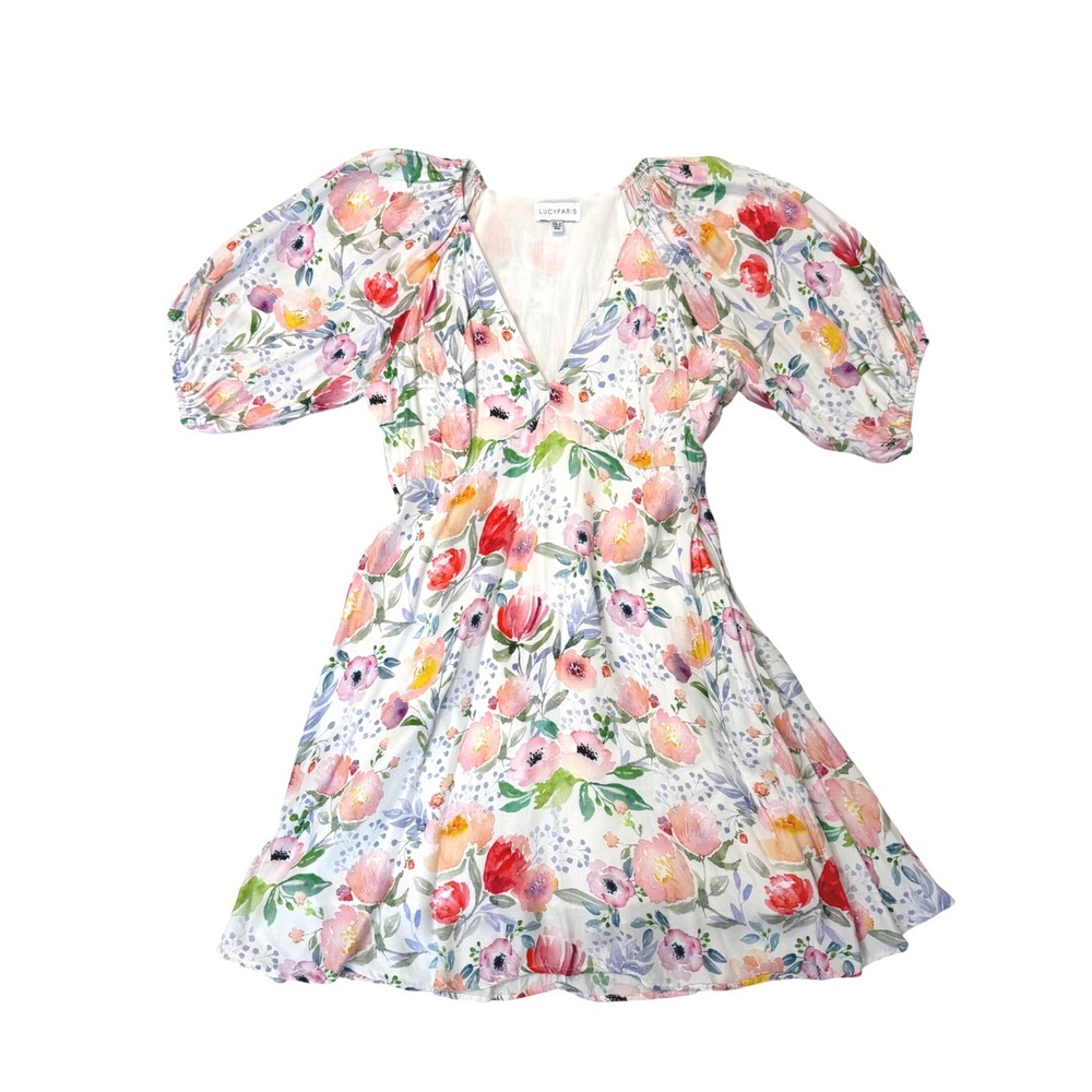 Lucy Paris Azalea Watercolor Floral Puff Sleeve V-Neck Mini Dress Pockets EUC S